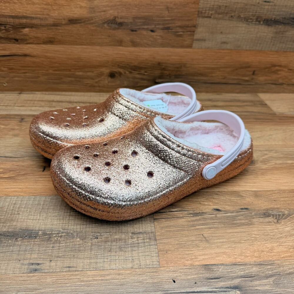 Crocs Girls Size J6 Classic Glitter Lined Clog Gold/Pink